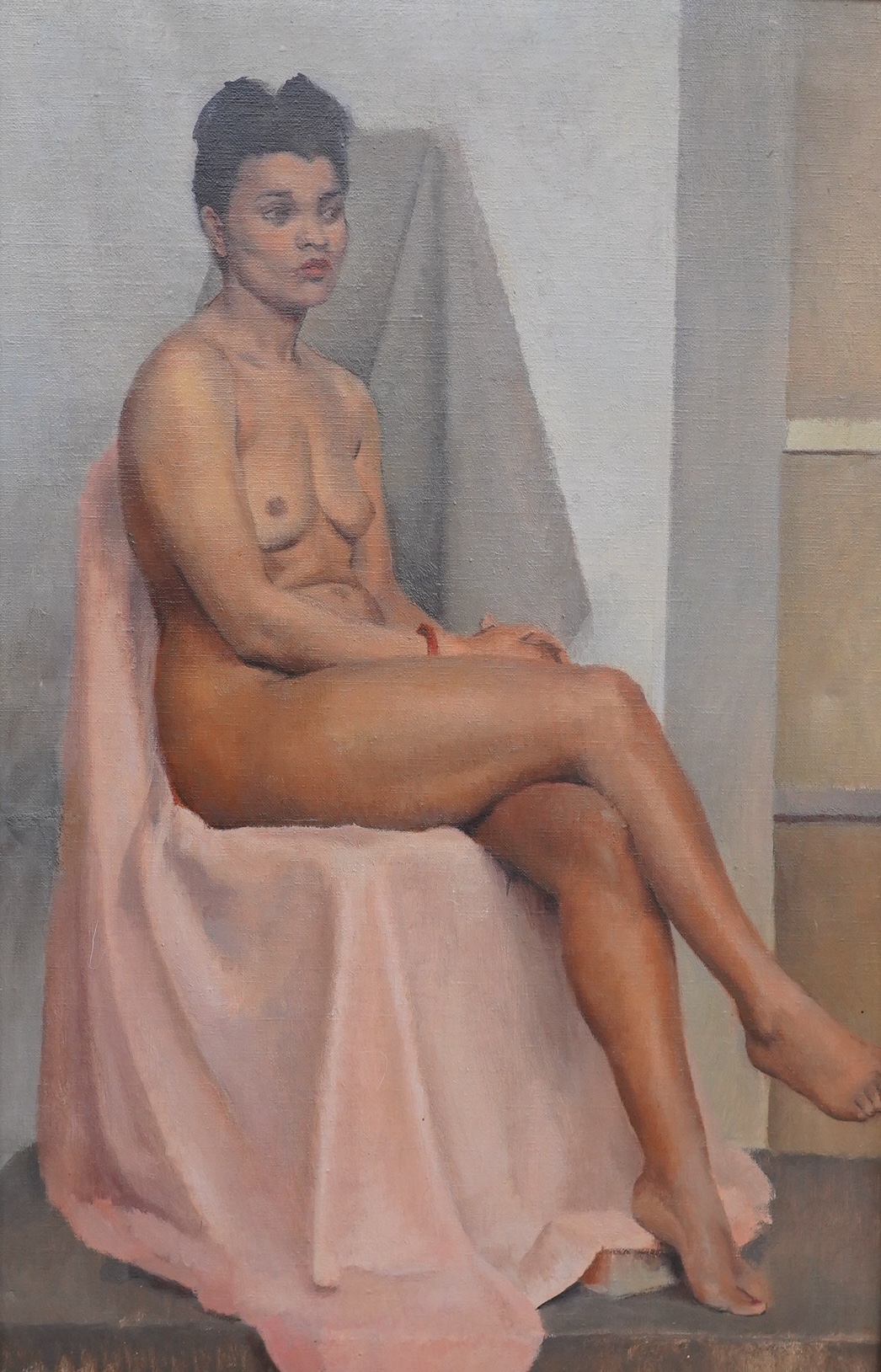 Mid 20th century English School, oil on canvas, Study of a seated nude woman, unsigned, 73 x 48cm. Condition - fair, small repair to the canvas